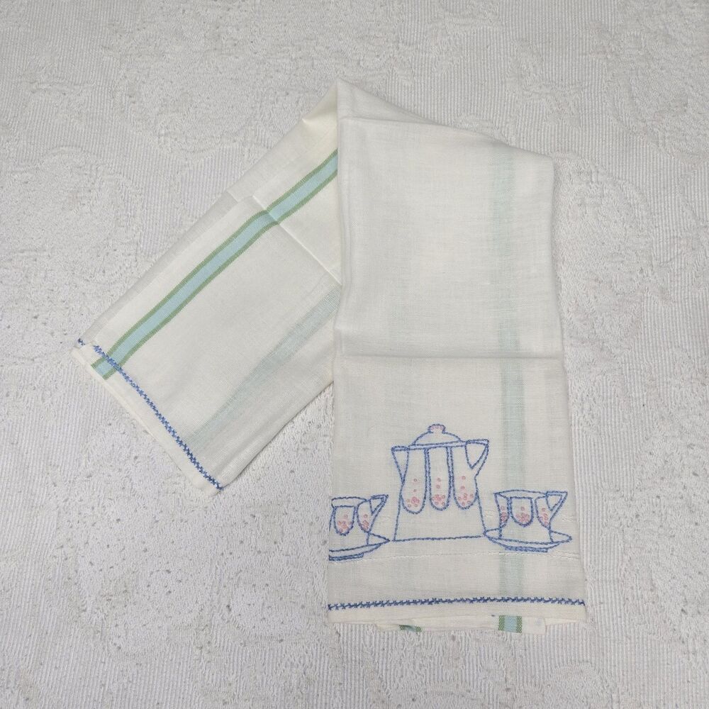 Vintage Decorative Hand Towel Embroidered Tea Set Collectable Kitchen Decor